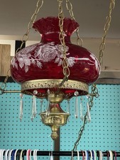 1927 Red Glass Hanging Lamp with Floral Design And Hanging Crystals picture