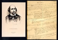 FRENCH NOVELIST Gustave Flaubert autograph manuscript & mounted picture