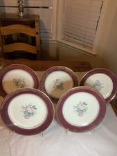 5 GEORGIAN Tudor Rose (Floral Center, Maroon) Salad plates. Very hard to find picture