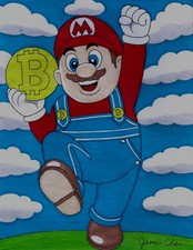 SUPER MARIO POWERS UP WITH BITCOIN FINE ART POP ART ORIGINAL COMIC  COLOR ART picture
