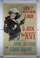 GEE I WISH I WERE A MAN I'D JOIN NAVY On Linen War Bond Poster WW1 COAST GUARD picture