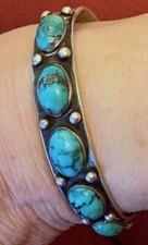 Best Navajo c1940s Bracelet Superb Natural Turquoise Hand Made Hand Stamped  Y picture