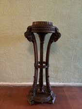 Antique Devil Wooden Pedestal Occult Satanic Goat Heads Pagan Stand Oddities picture