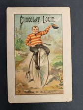 1880s antique CHOCOLAT LOUIT france TRADE CARD penny farthing BICYCLE high wheel picture