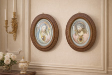 Antique set of 2 frames Jesus Christ Sacred Heart & Virgin Mary with relief 3D w picture