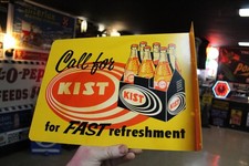 RARE 1950s ORANGE KIST SODA POP PAINTED METAL 2-SIDED FLANGE SIGN CRUSH KISS GAS picture