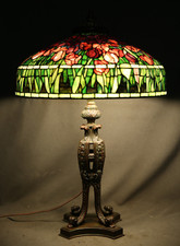 American Table Lamp Leaded Colored Glass with Bronze Base Tiffany Floral Tulips picture