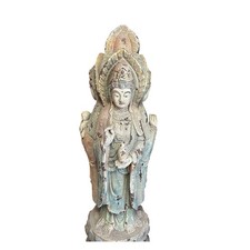 Chinese Rustic Wood Gray Brown Bodhisattva Kwan Yin 3 Sides Statue ws753 picture