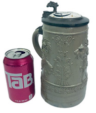 Antique German 1L Beer Stein High Relief Pottery stein Zur Erinnerung Inlay lid picture