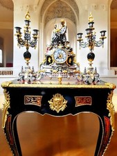 Lancini 24k Gold Gilded & Black Marble Mantle Clock & Candelabra Set from Italy picture
