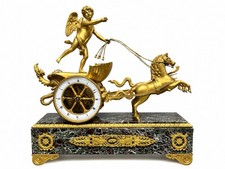 Antique French Empire Ormolu Bronze Cherub Chariot Mantel Clock on Marble Base picture