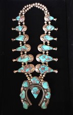 1970'S RARE NAVAJO PAWN BISBEE AQUA TURQUOISE SQUASH BLOSSOM NECKLACE  picture