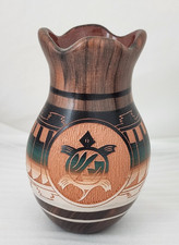 Vtg Mitchell Blackhorse Vase Etched Pottery Turtle Carved Signed Dineh Navajo picture