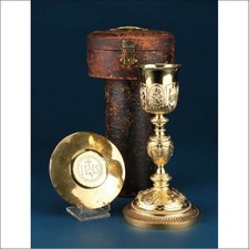 Antique Baroque Gilt Silver Chalice, Paten and Case. Paris, France, 1819-1838 picture