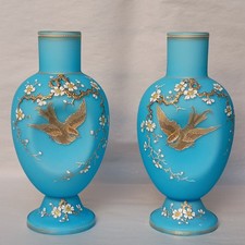 Pair Antique Harrach Bohemian Czech Blue Cased Glass Bird Vases 11