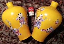 2 IMPERIAL YELLOW antique chinese porcelain vase art pottery vtg urn jar bottle picture