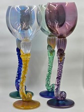 2003 Brioni Signed Iridescent Art Glass Tulip Stem Wine Goblets Glasses, Set-4 picture