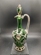 Gorgeous La Pierre Green Glass Sterling Overlay Handled Bottle With Stopper 9” picture
