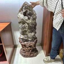 188LB Large Top Natural Smokey Quartz Carved Crystal Dragon Reiki decor +stand picture