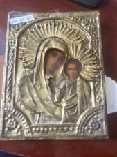 RUSSIAN ICON OF MADONNA AND CHILD IN METAL OKLAD picture