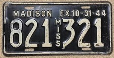1944 Madison County Mississippi License Plate Vintage WW2 Year 821-321 picture