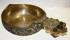 RUSSIAN ENAMEL COVSH KOVSH SCOOP SILVER JADEITE MARKED FABERGE. REPRODUCTION picture