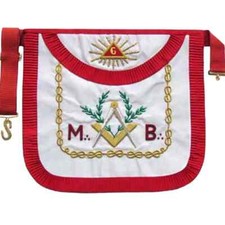 Scottish Rite Apron - White & Red Pleated Edges Gold Embroidery Imitation Satin picture