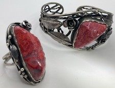 Vintage ORNO Poland 1960s Silver Red Crazy Lace Agate Bracelet Ring Set picture