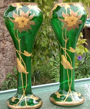 ANTIQUE ART PAIR GLASS VASE SIGNED FRITZ HECKERT C.1890 BOHEMIAN LOETZ ERA  picture