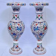 Luxury White Marble Inlay Floral Vases - Unique Gift - 24 Inch Height picture