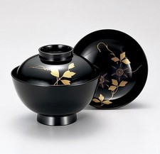 Echizen lacquerware soup bowls (5 pieces) in a wooden box, hand-painted with mak picture