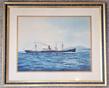 PRE WWII H. SHIMIDZU GOUACHE ON SILK S.S. NEW YORK GERMAN SHIP W/ MT.FUJI picture