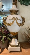 Pair of White marble and bronze footed urns capped with matching finials 24