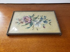 Antique French Floral Needlepoint Under Glass Vanity Tray with Metal Frame picture