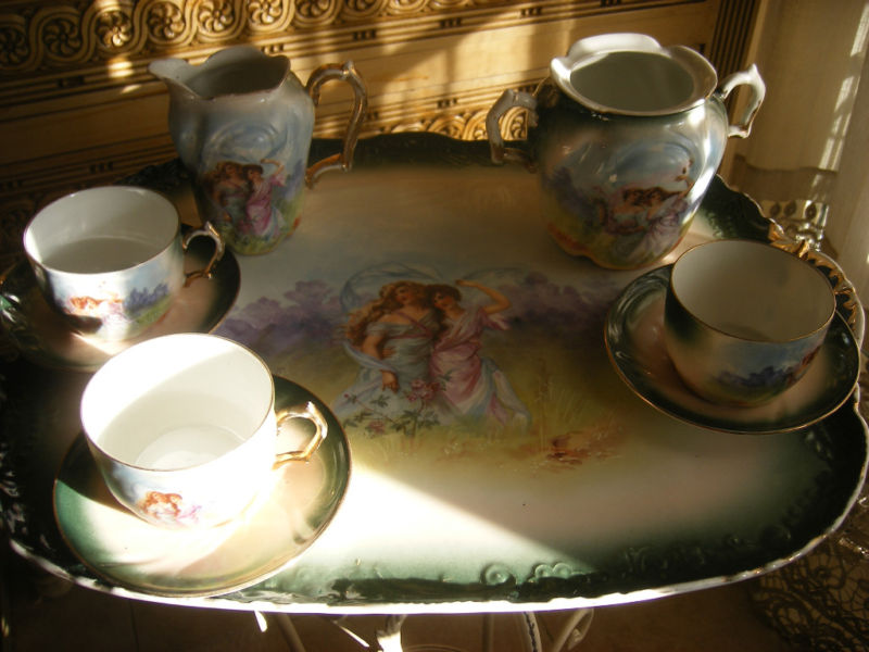 19th c Antque French Limoges Scenic Porcelain Tray/cups tea set by Pillivuyt 19th c Antque French Limoges Scenic Porcelain Tray/cups tea set by Pillivuyt