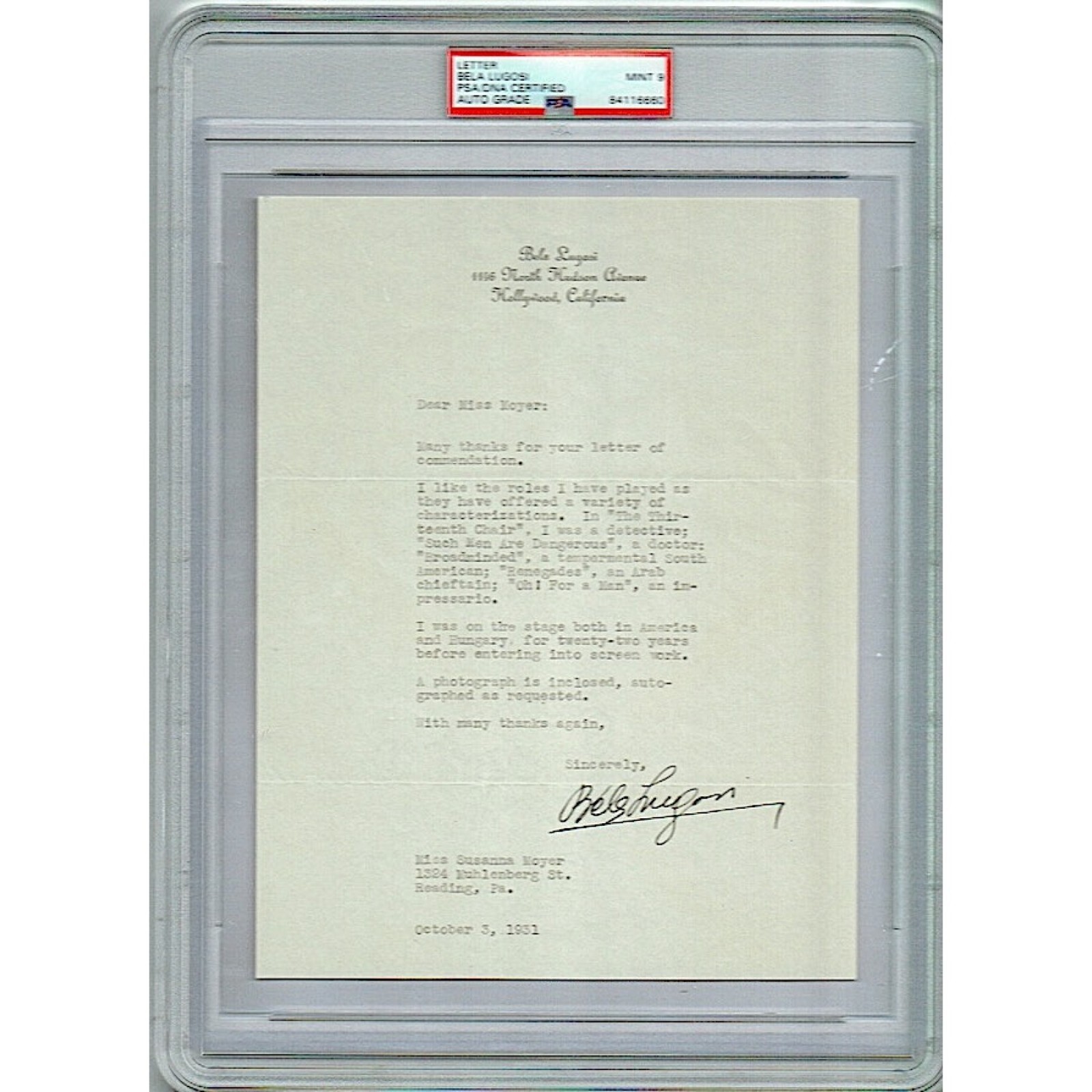 Bela Lugosi Signed 1931 Letter on Personal Letterhead - Dracula - PSA Mint 9