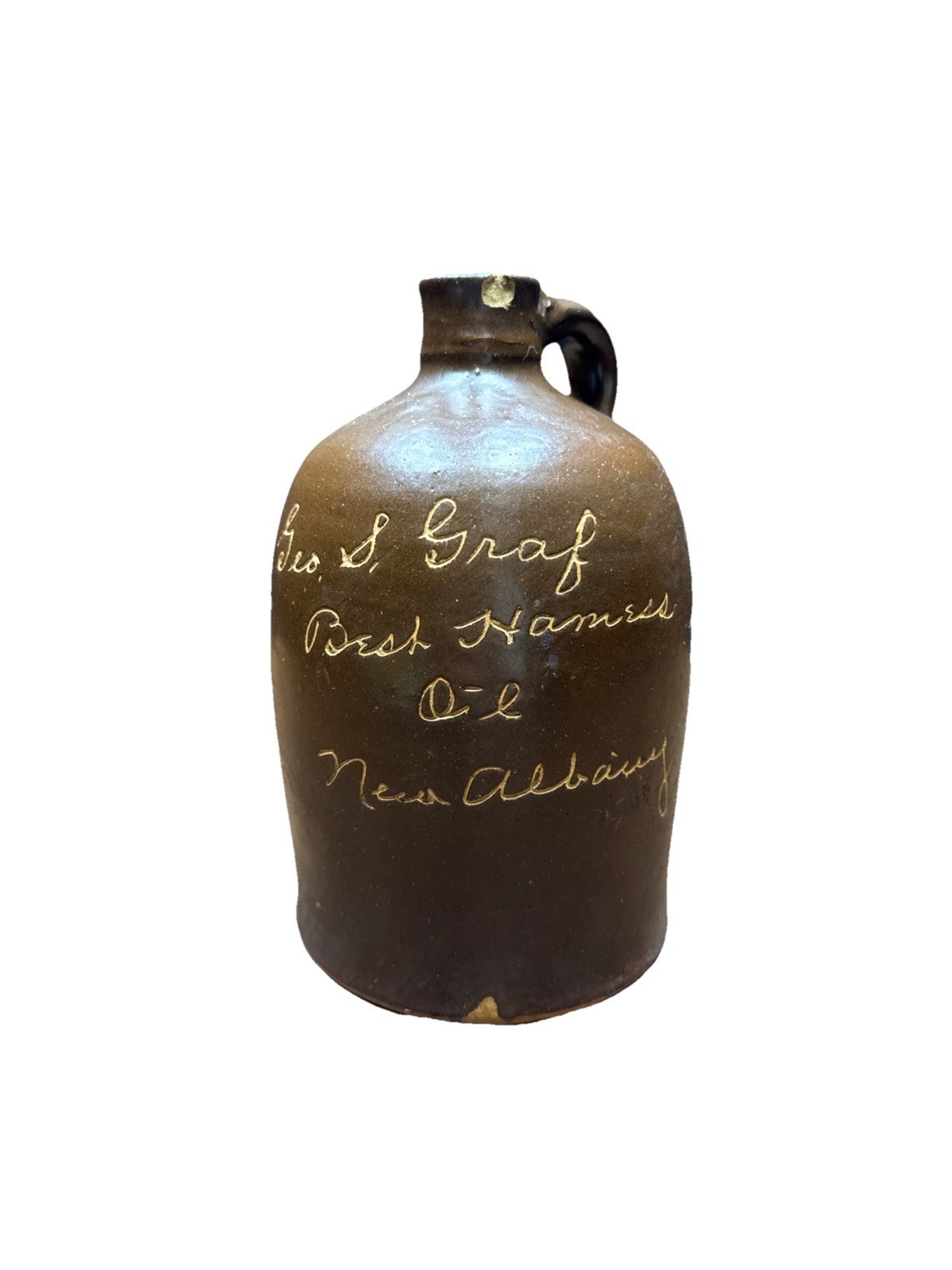 VINTAGE ADVERTISING SCRATCH JUG GEO S GRAF BEST HARNESS OIL NEW ALBANY INDIANA VINTAGE ADVERTISING SCRATCH JUG GEO S GRAF BEST HARNESS OIL NEW ALBANY INDIANA