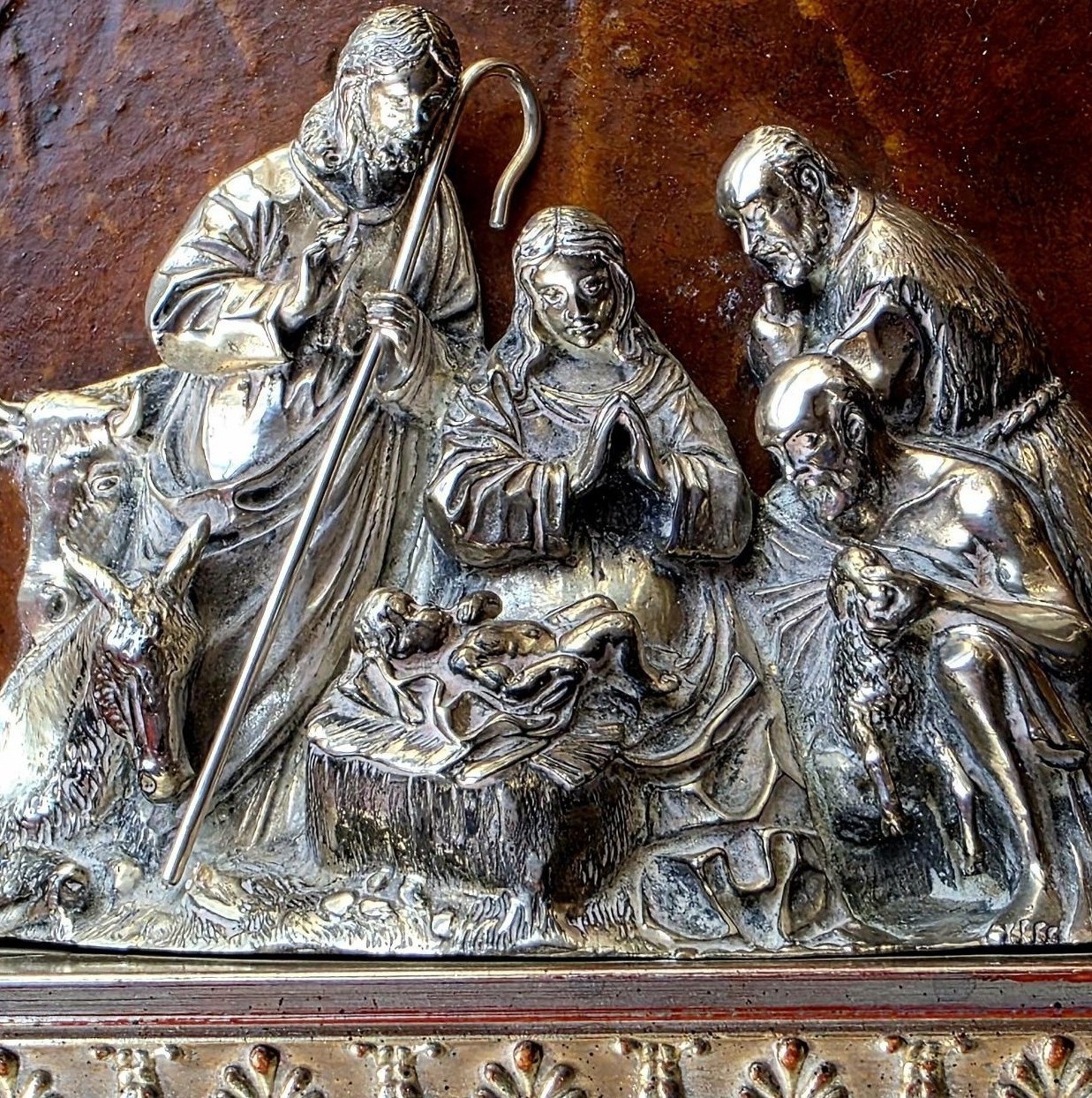 Antique Rare Hard t Find Wood Carved Silver Nativity Holy Family Altar Reliquary