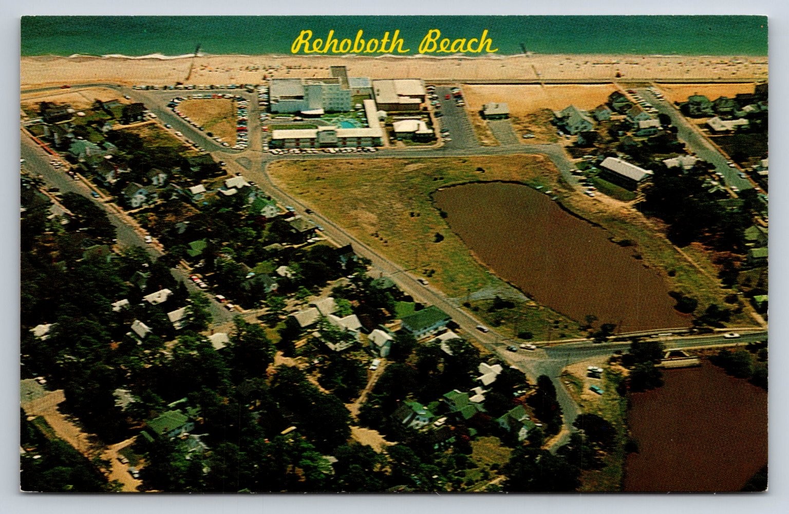 Rehoboth Beach DE Aerial View New Henlopen Hotel Lake Gerar Mirro-Krome Postcard Rehoboth Beach DE Aerial View New Henlopen Hotel Lake Gerar Mirro-Krome Postcard