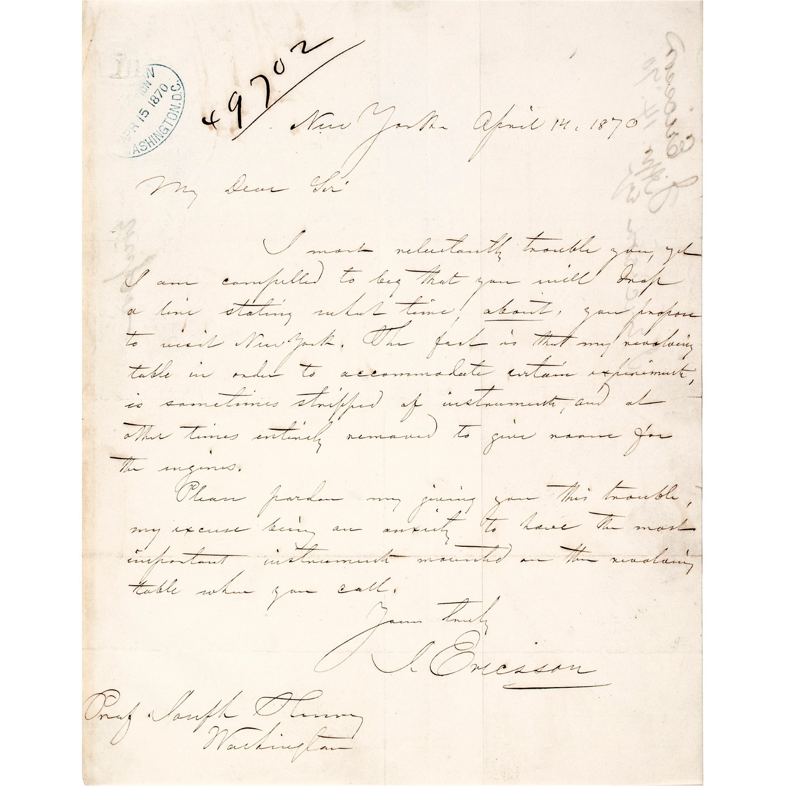 1870 John Ericsson U.S.S. Monitor Builder Autograph Letter Signed