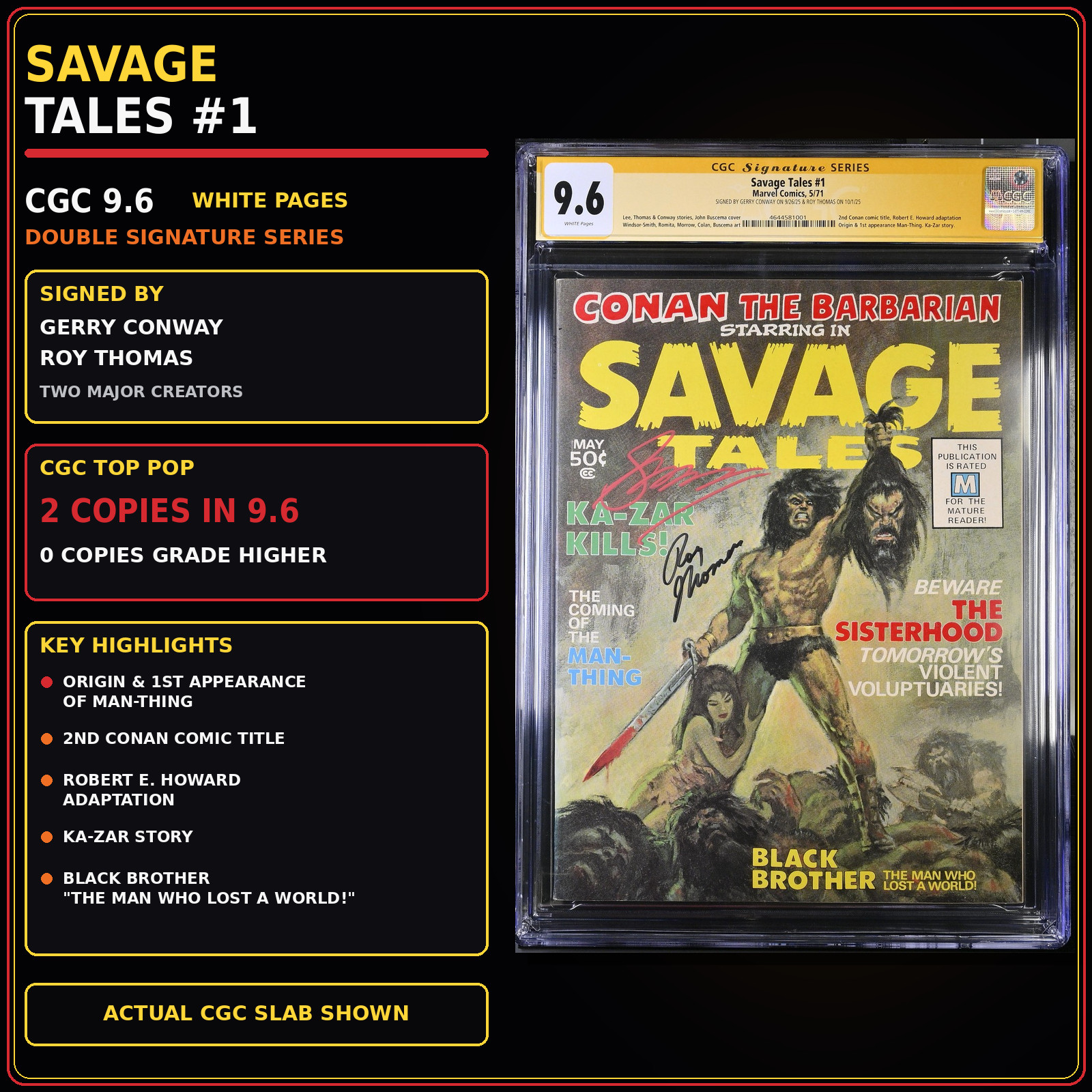 SAVAGE TALES #1 CGC 9.6 WHITE SS 2Xs CONWAY, THOMAS 1st MAN THING #4644581001 SAVAGE TALES #1 CGC 9.6 WHITE SS 2Xs CONWAY, THOMAS 1st MAN THING #4644581001