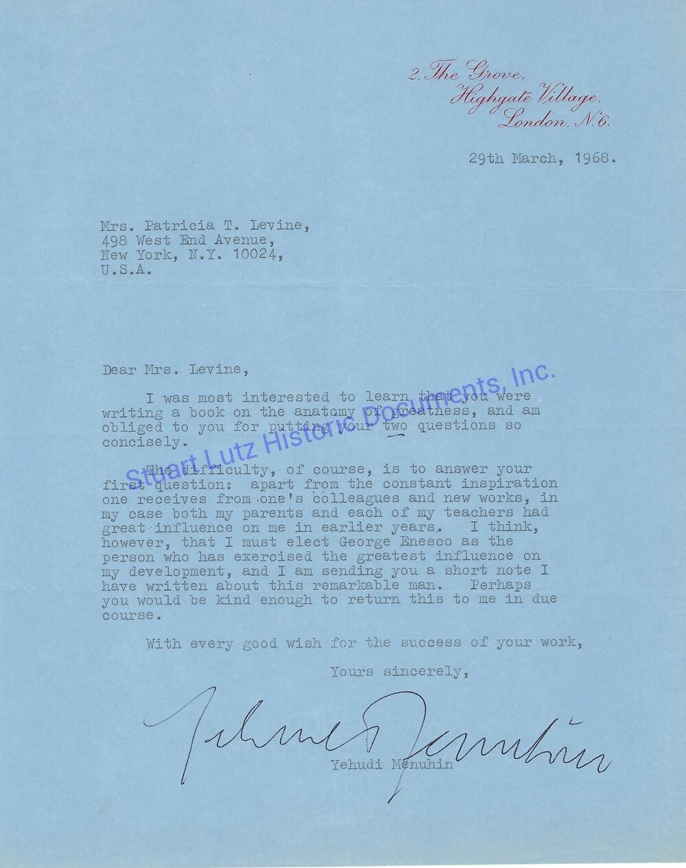 Yehudi Menuhin signed letter re George Enesco greatest influence on his life Yehudi Menuhin signed letter re George Enesco greatest influence on his life