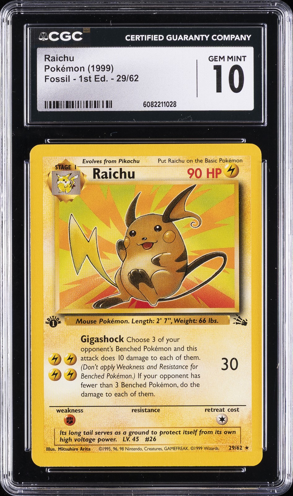 1999 POKÉMON FOSSIL 1ST ED #29 RAICHU CGC 10 GEM MINT 1999 POKÉMON FOSSIL 1ST ED #29 RAICHU CGC 10 GEM MINT