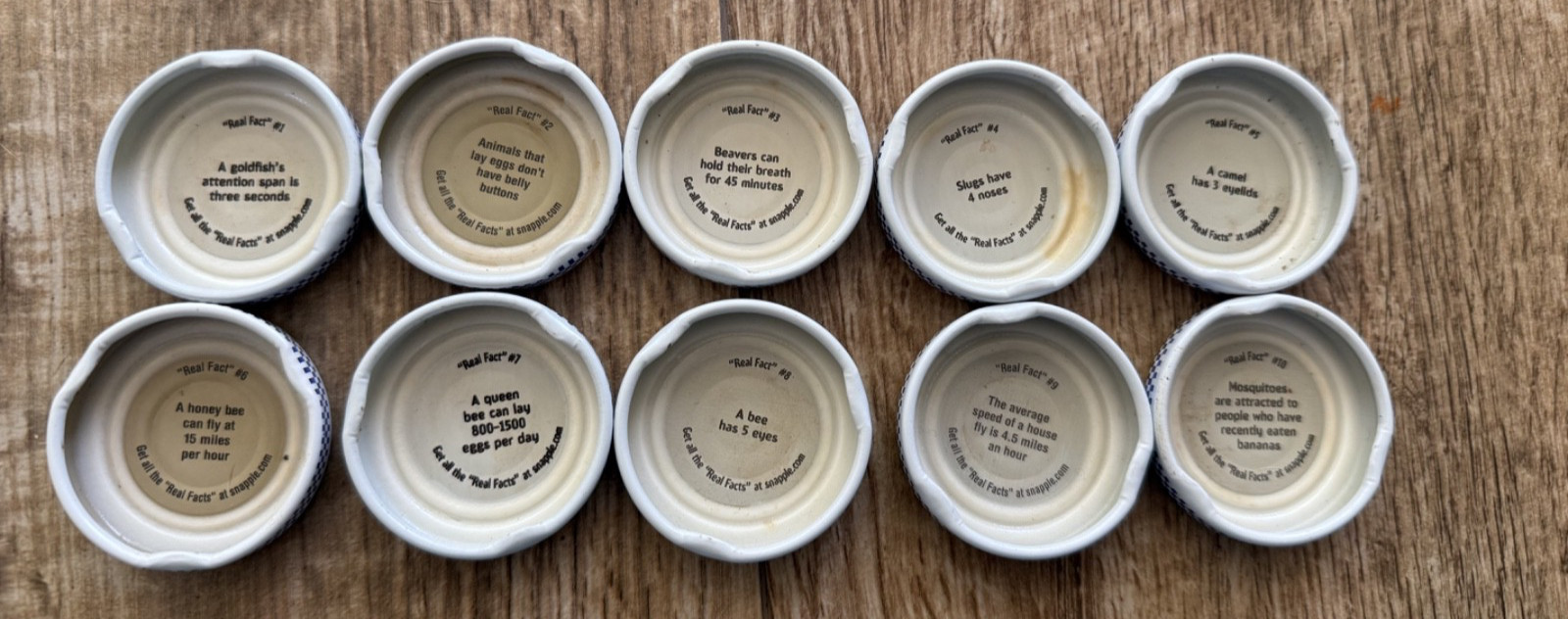 Rare Snapple Caps Complete Set #1–10 – Original “Real Facts” – Collectible Lot