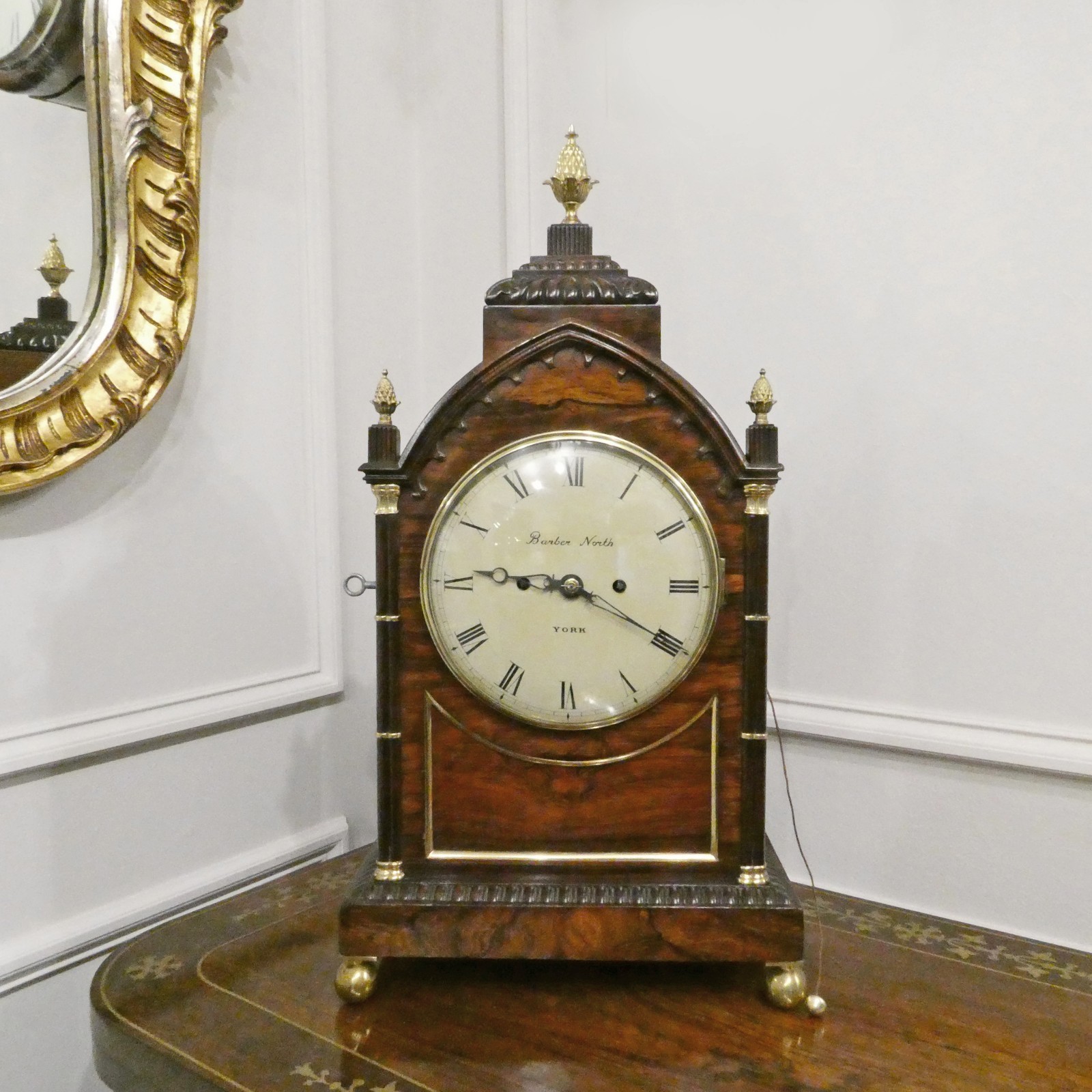 Antique Bracket Clock Gothic Revival Rosewood by Barber & North of York Restored Antique Bracket Clock Gothic Revival Rosewood by Barber & North of York Restored