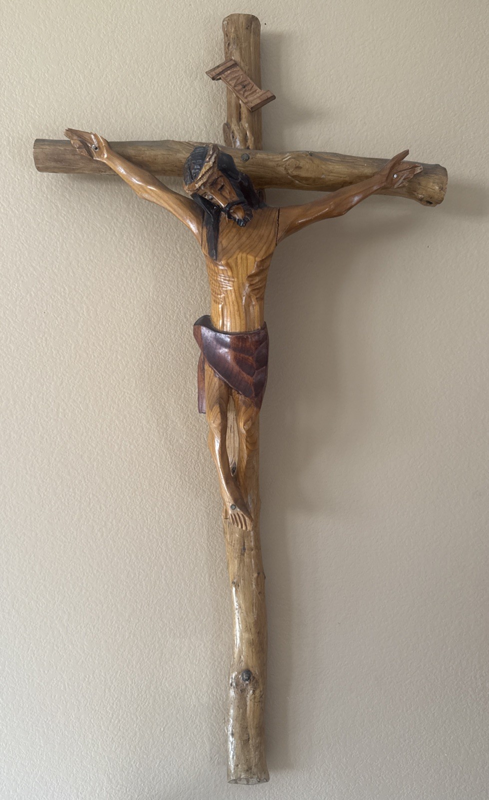 3 Month Trial Carved Wood Crucifix Vintage XL JESUS Artpiece 35x20” feels REAL