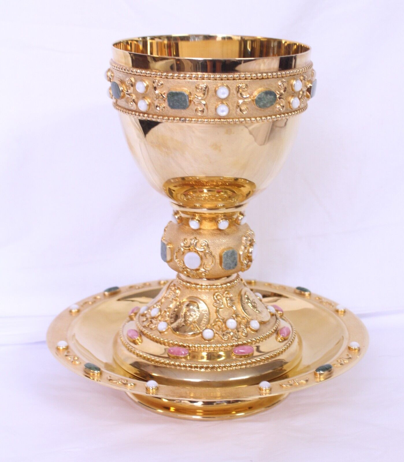 Abbott Suger Style Chalice & Footed Paten w/ Gemstones Sterling Gilt Gold Abbott Suger Style Chalice & Footed Paten w/ Gemstones Sterling Gilt Gold