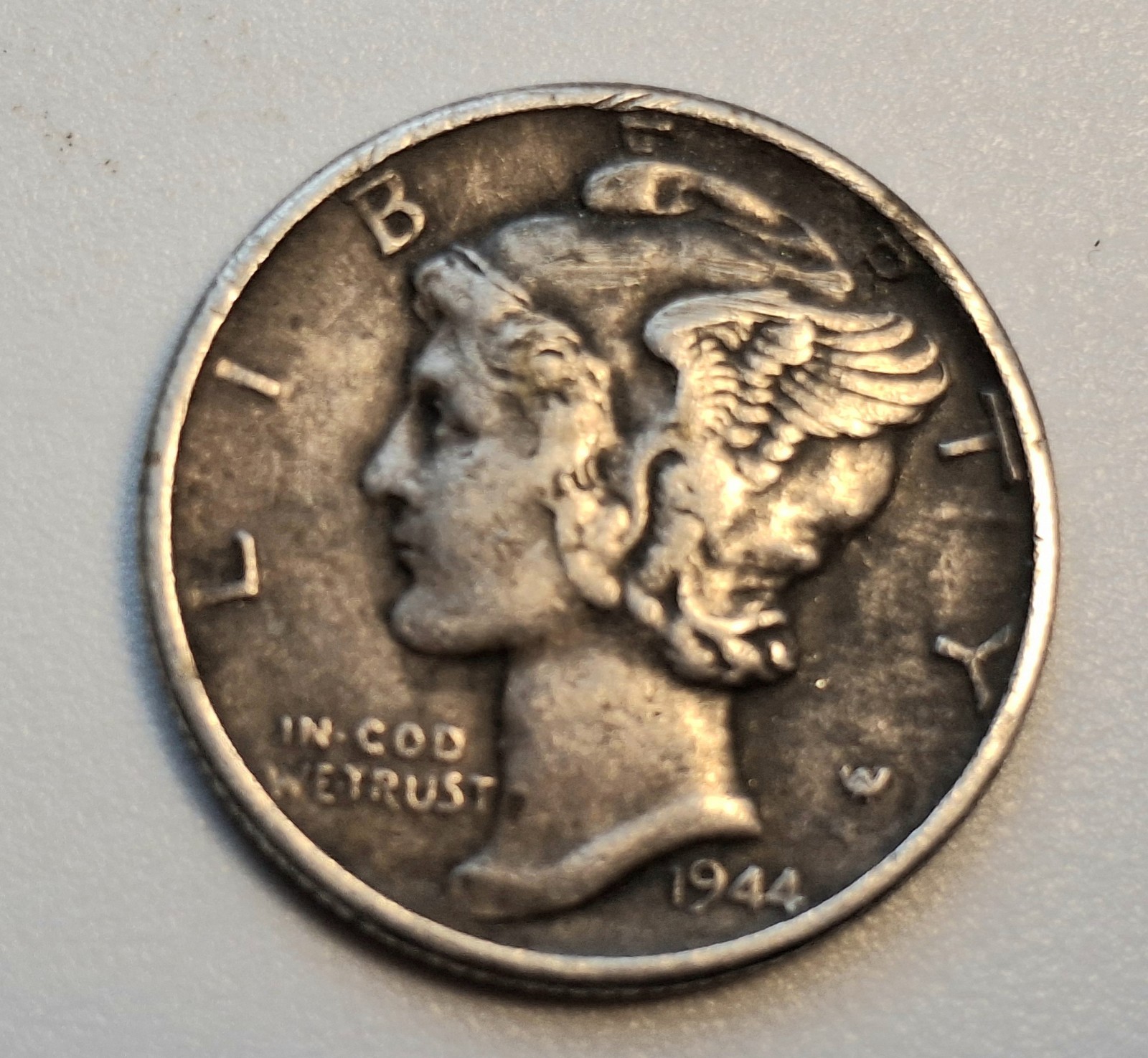 1944 W MERCURY DIME, In Cod We, Off Center, Column, Bands, Sintered, DDO, MM