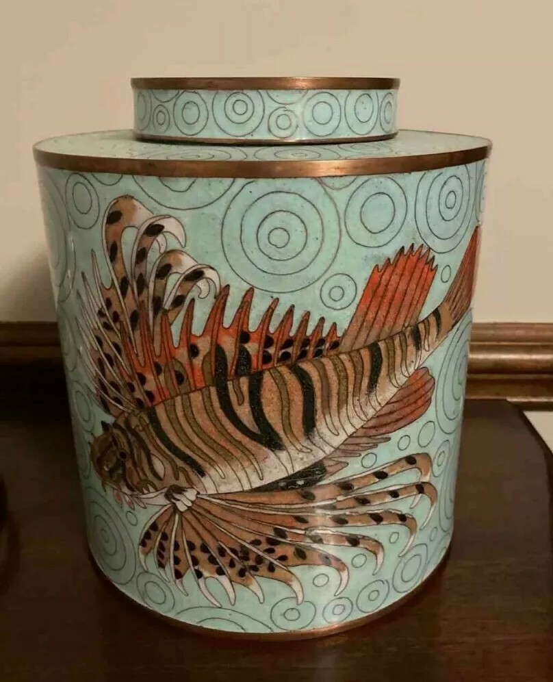 RARE XXL Fabienne Jouvin Turquoise Cloisonné Tiger Fish Copper Canister-Amazing RARE XXL Fabienne Jouvin Turquoise Cloisonné Tiger Fish Copper Canister-Amazing