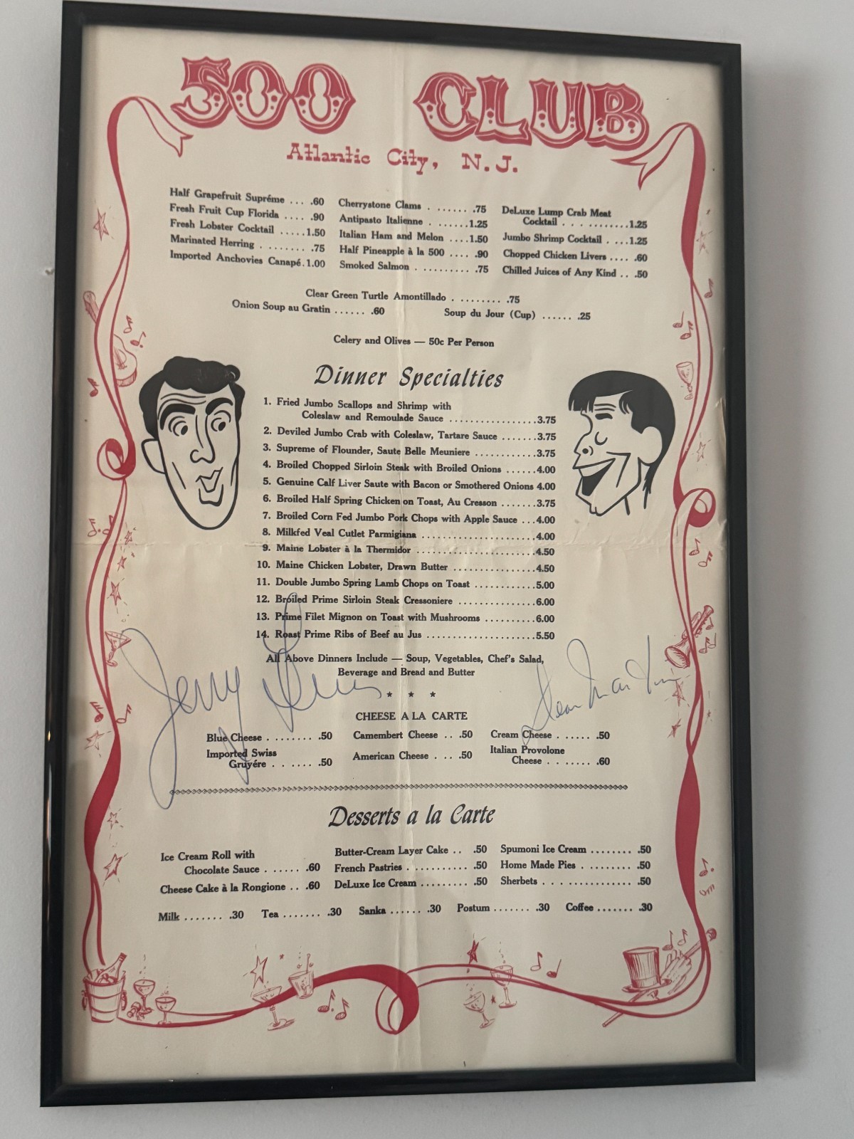 Signatures  menu 500 club jerry lewis and dean martin authenic